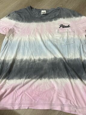 PINK Victoria's Secret Striped Tie-Dye Pocket Tee in Pink, Gray, White Size (XS)